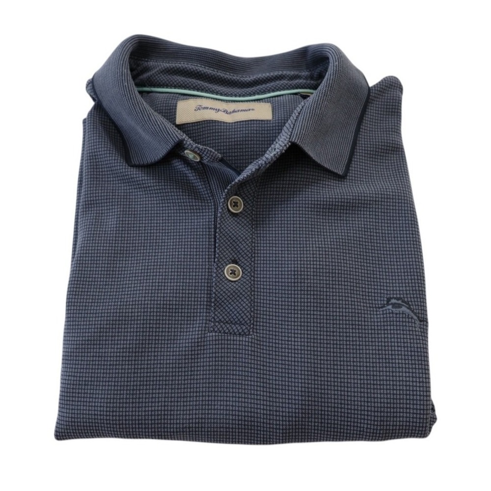 Tommy Bahama Mens XL Blue Grey Micro Grid Modal Blend Short Sleeve Polo‎ Shirt